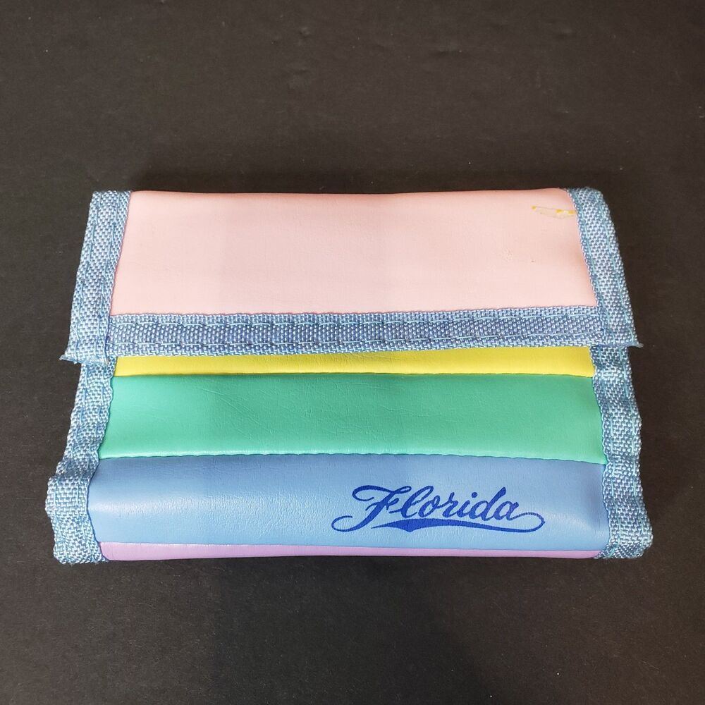 Vintage 1980s Florida Rainbow Pastel Tri Fold Wallet Retro Beachy Souvenir